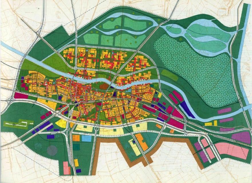 Longitudinalna struktura Osijeka na desnoj obali Drave i projicirano
širenje na lijevu obalu, kojim grad zadobiva radijalnu strukturu.